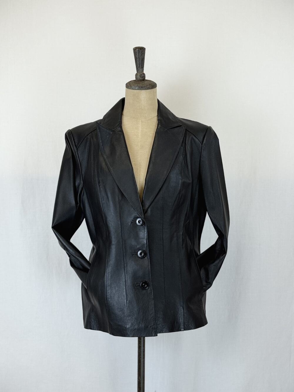 Vintage Y2K East 5th Blazer Black Leather Button Front Lapel Jacket LARGE #0343
